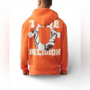 NWT True Religion Men's Terry Appique Orange Zip-Up Hoodie Sweater
